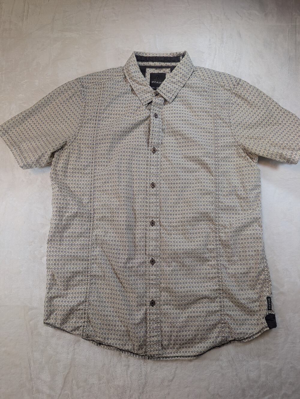 PrAna Mens L Large Organic Cotton Geometric Print Button Shirt Short Sleeve